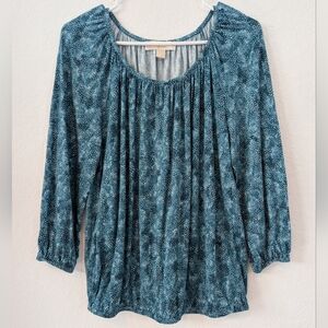Michael Michael Kors Women Teal White Patterns Long Sleeve Blouse Size Small